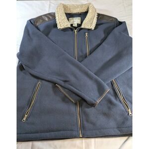 ORVIS Full Zip Fleece Jacket L Blue With Sherpa Collar &‎ Faux Leather Trim